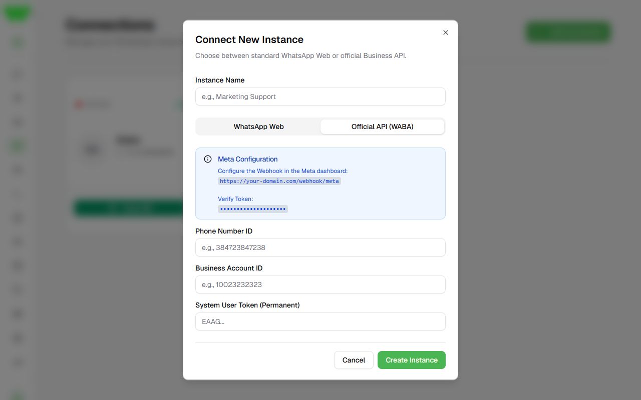 Official API tab, with the webhook details and the Meta fields