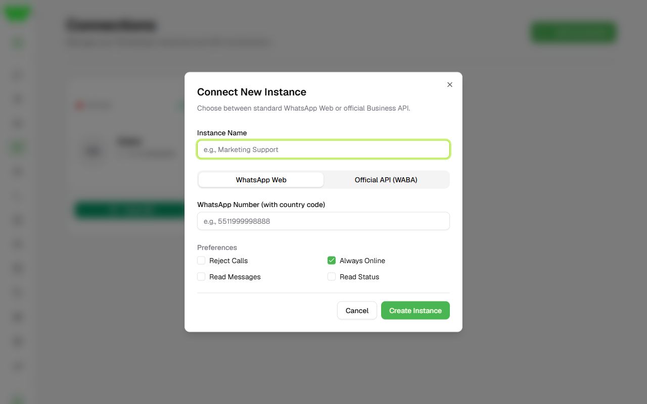 Window to connect a new instance through WhatsApp Web