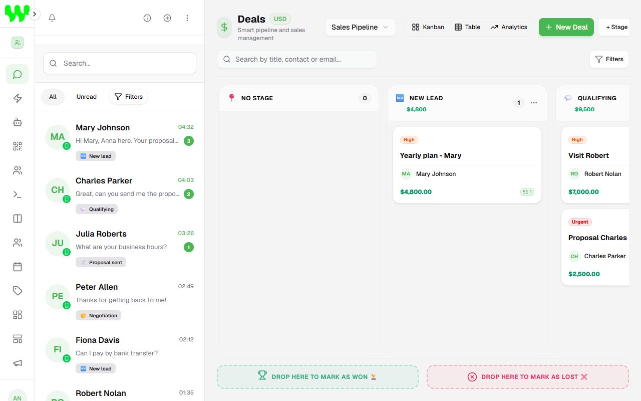 Main screen: chats on the left and the sales pipeline on the right