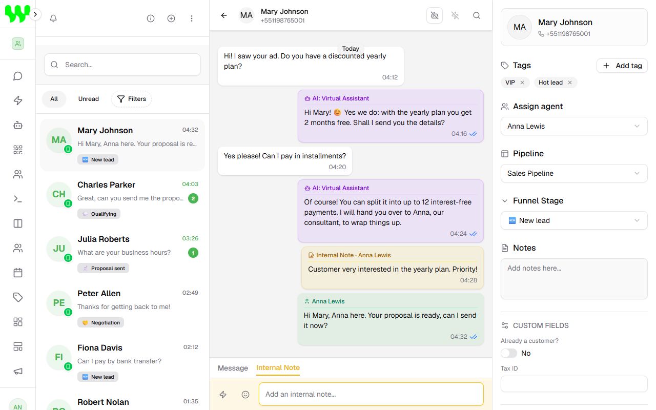 Internal note tab selected