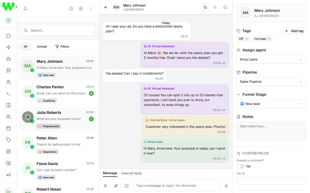 An open chat: messages in the middle and the customer record on the right