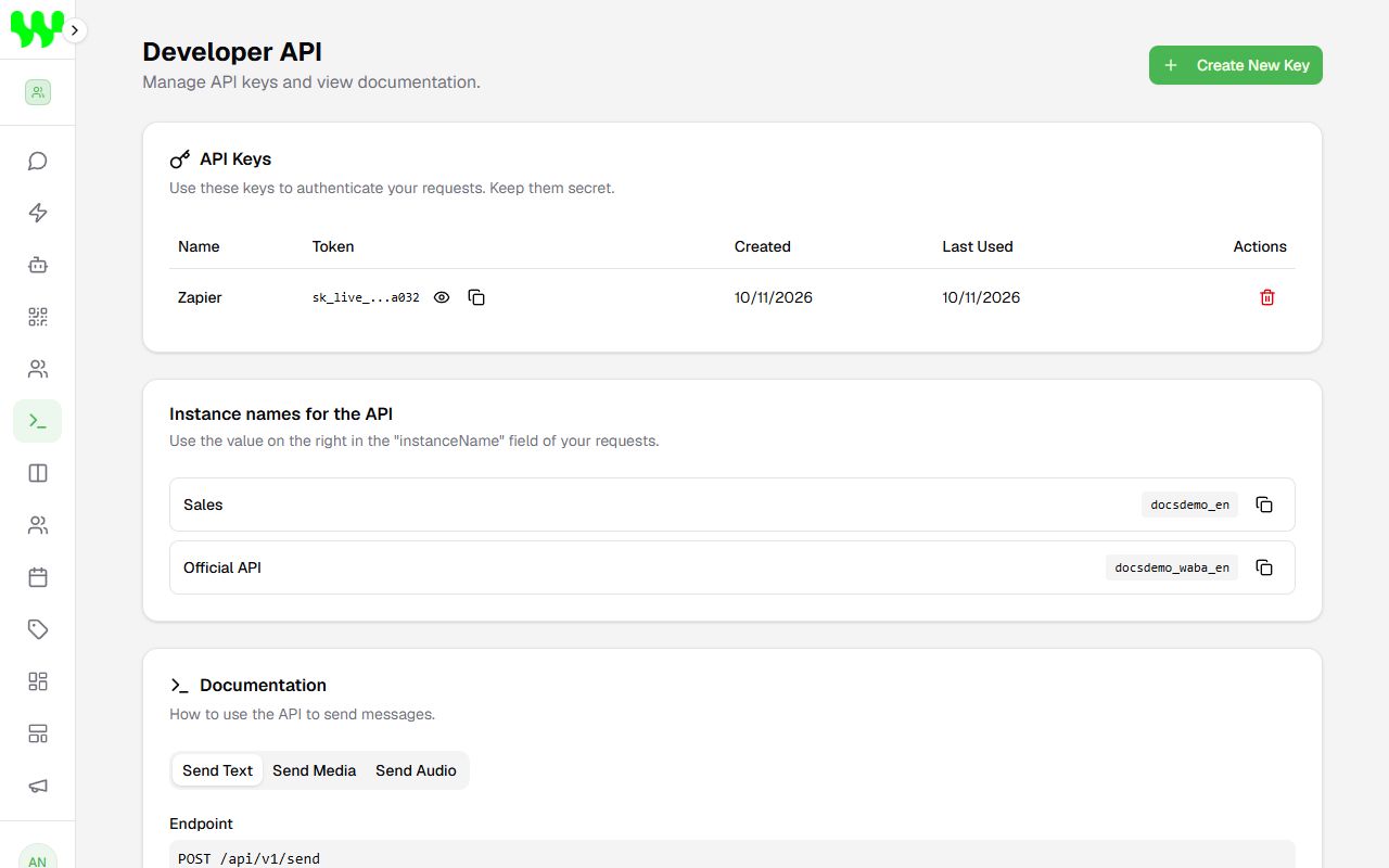 Developers page with keys, instance names and examples