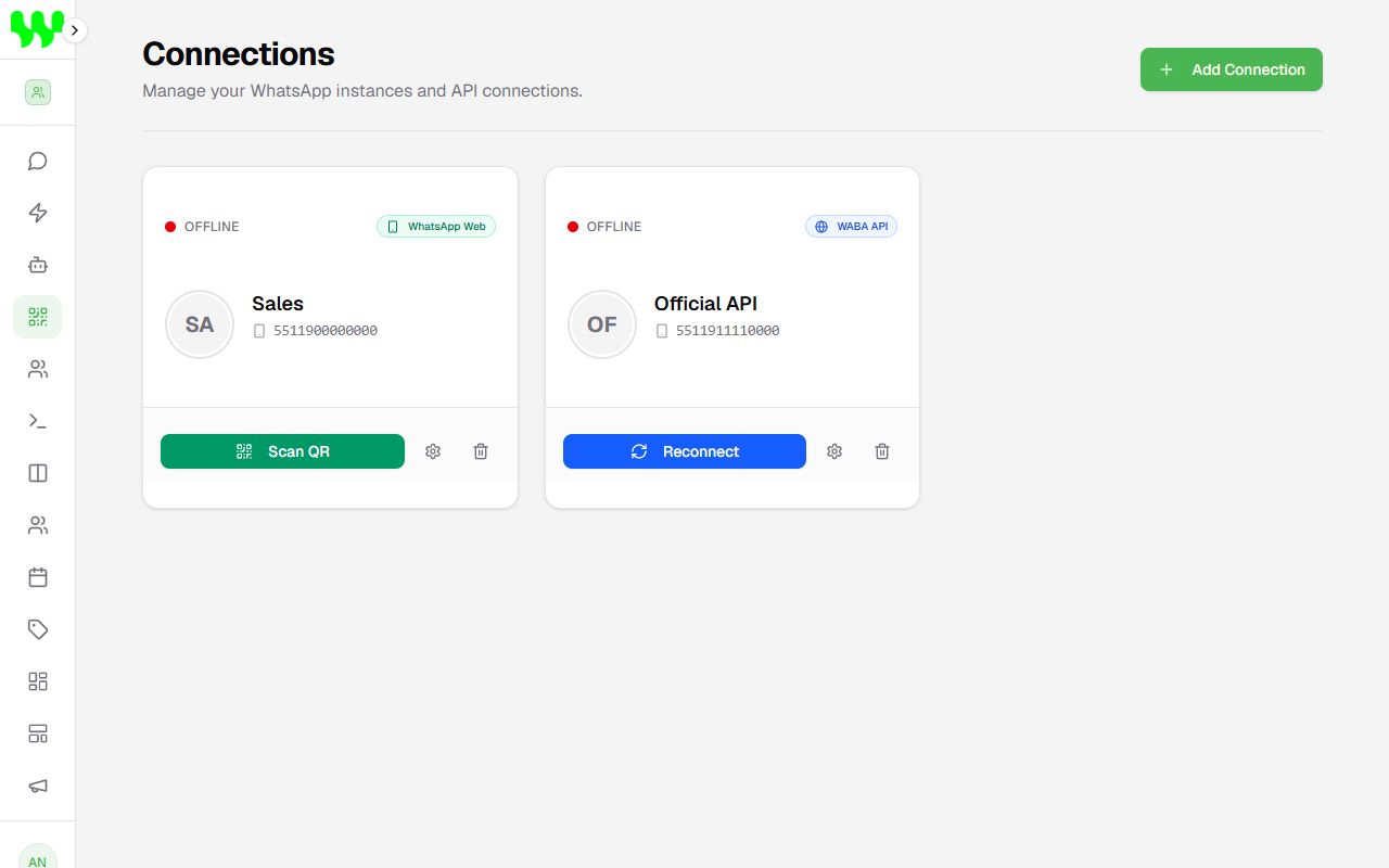 Connected instance card with its action buttons